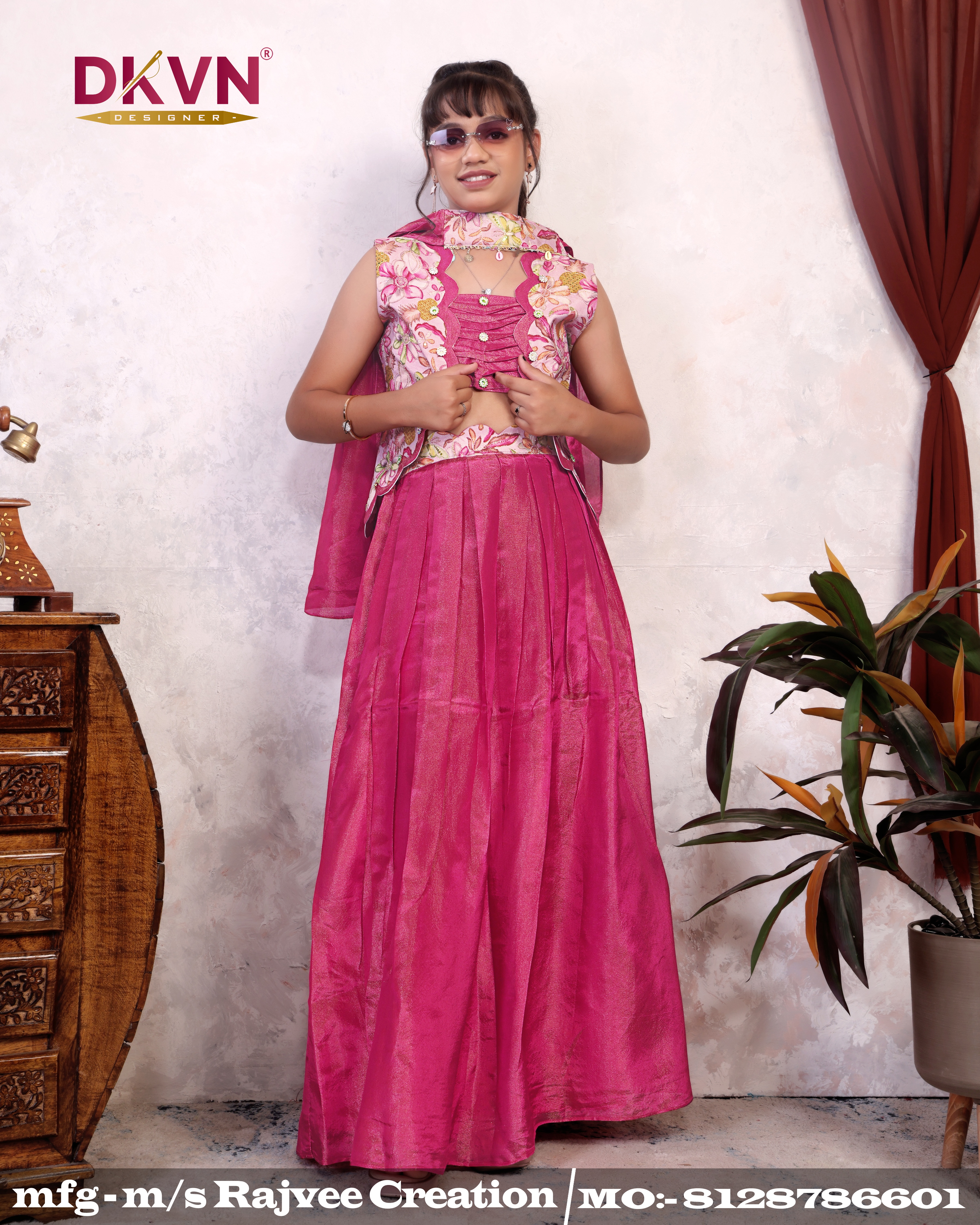 Rosy Radiance Kids Ethnic Lehenga and Choli With Jacket - Image 3