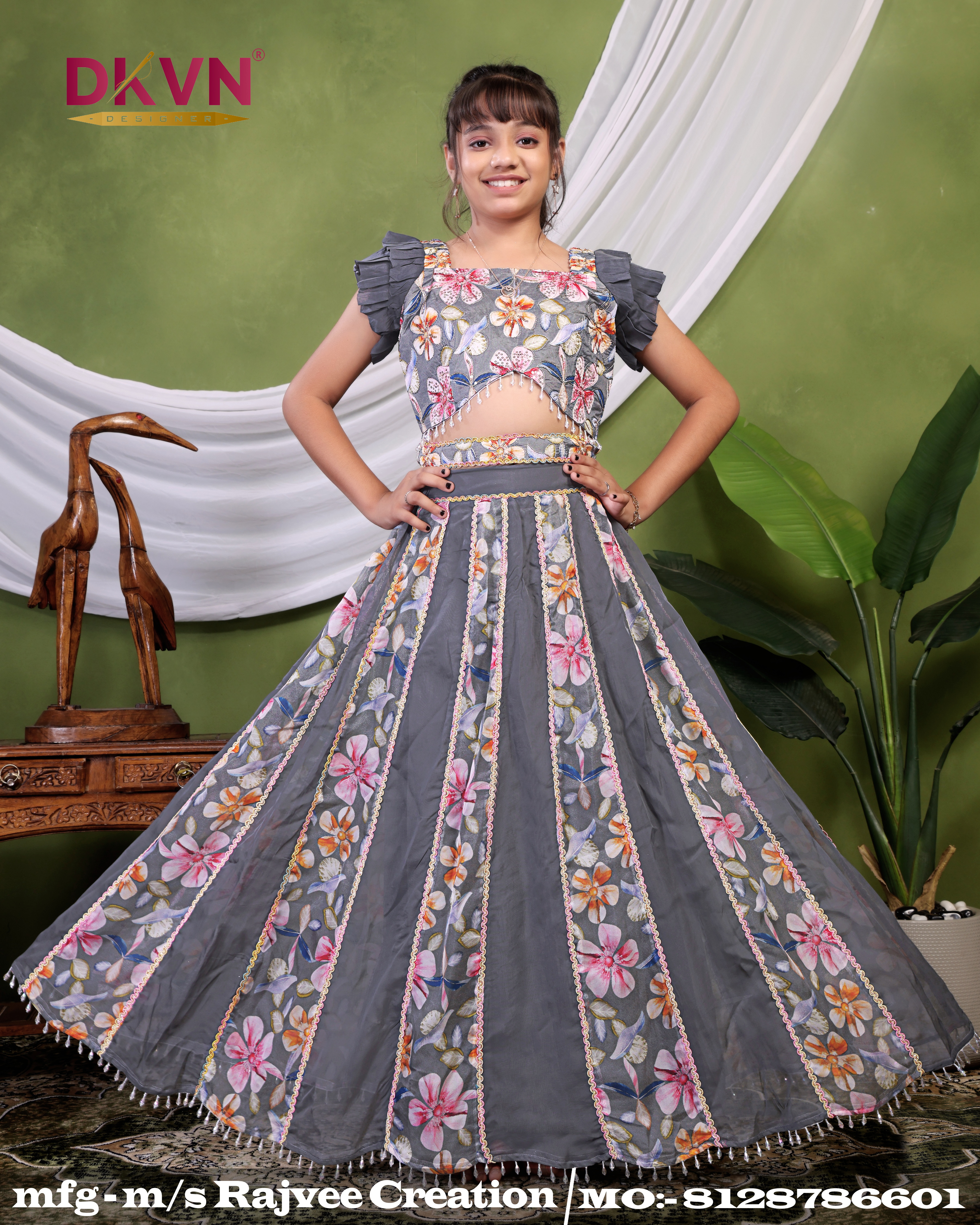 Grey Flower Princess Lehenga Set