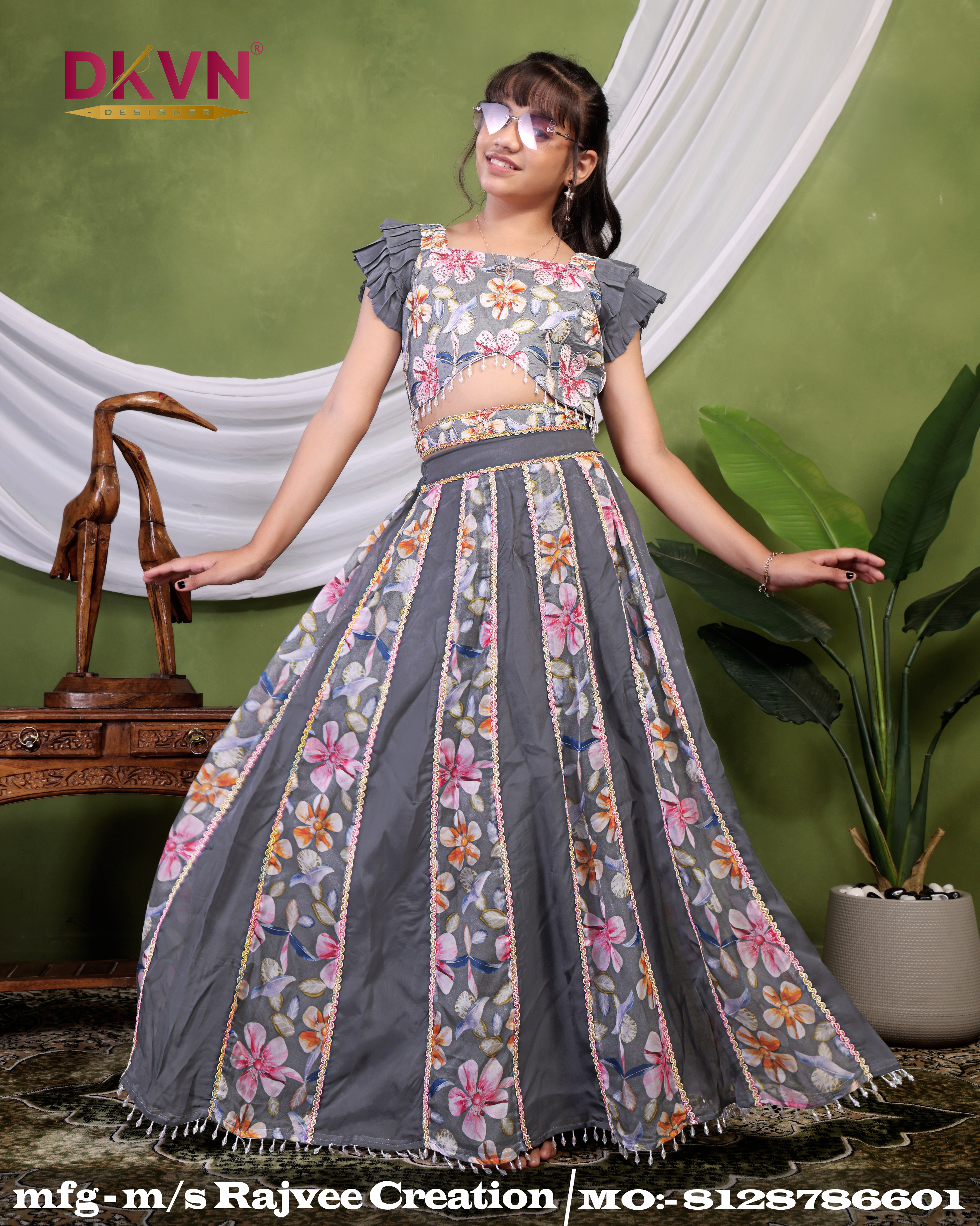 Grey Flower Princess Lehenga Set - Image 3