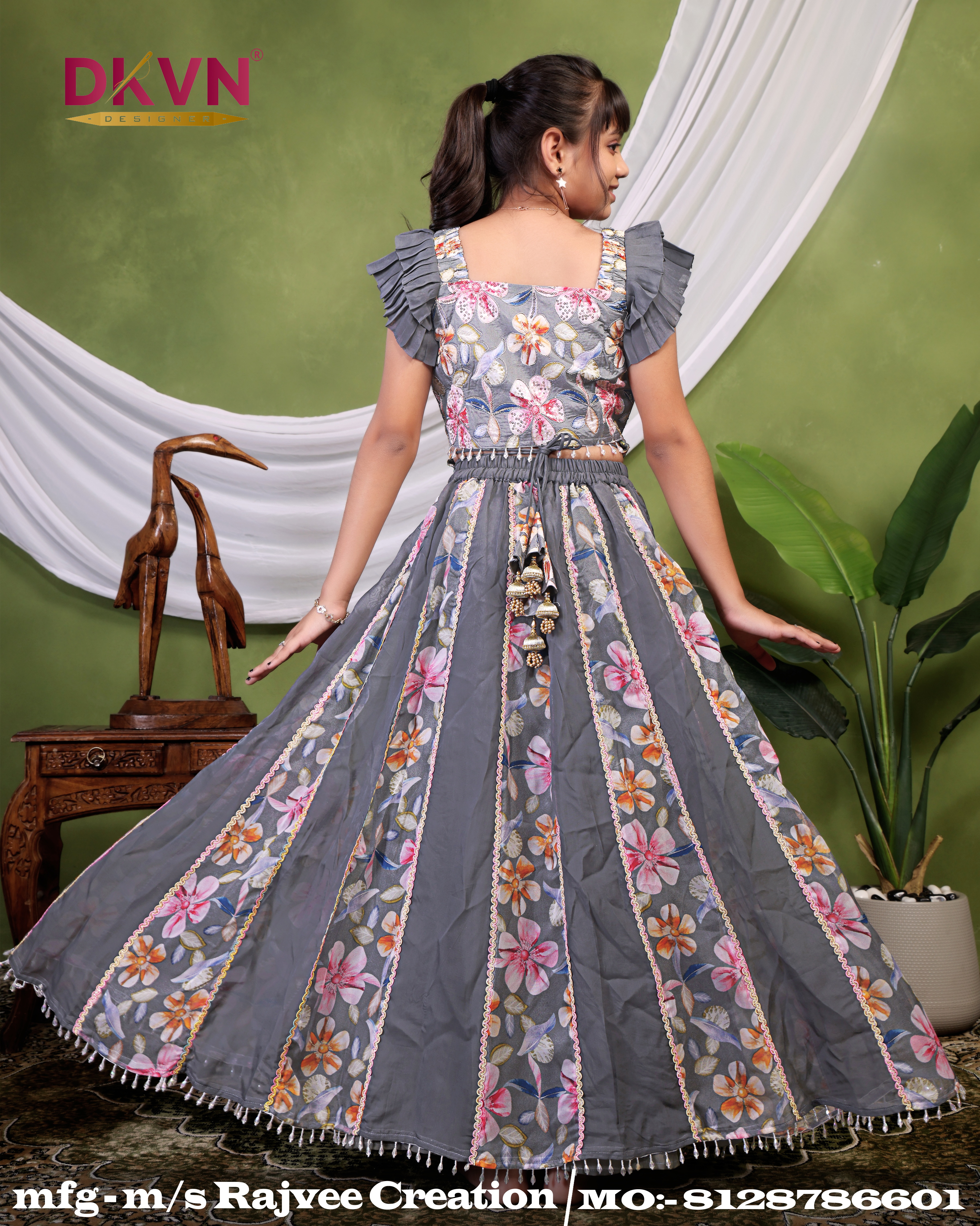 Grey Flower Princess Lehenga Set - Image 4