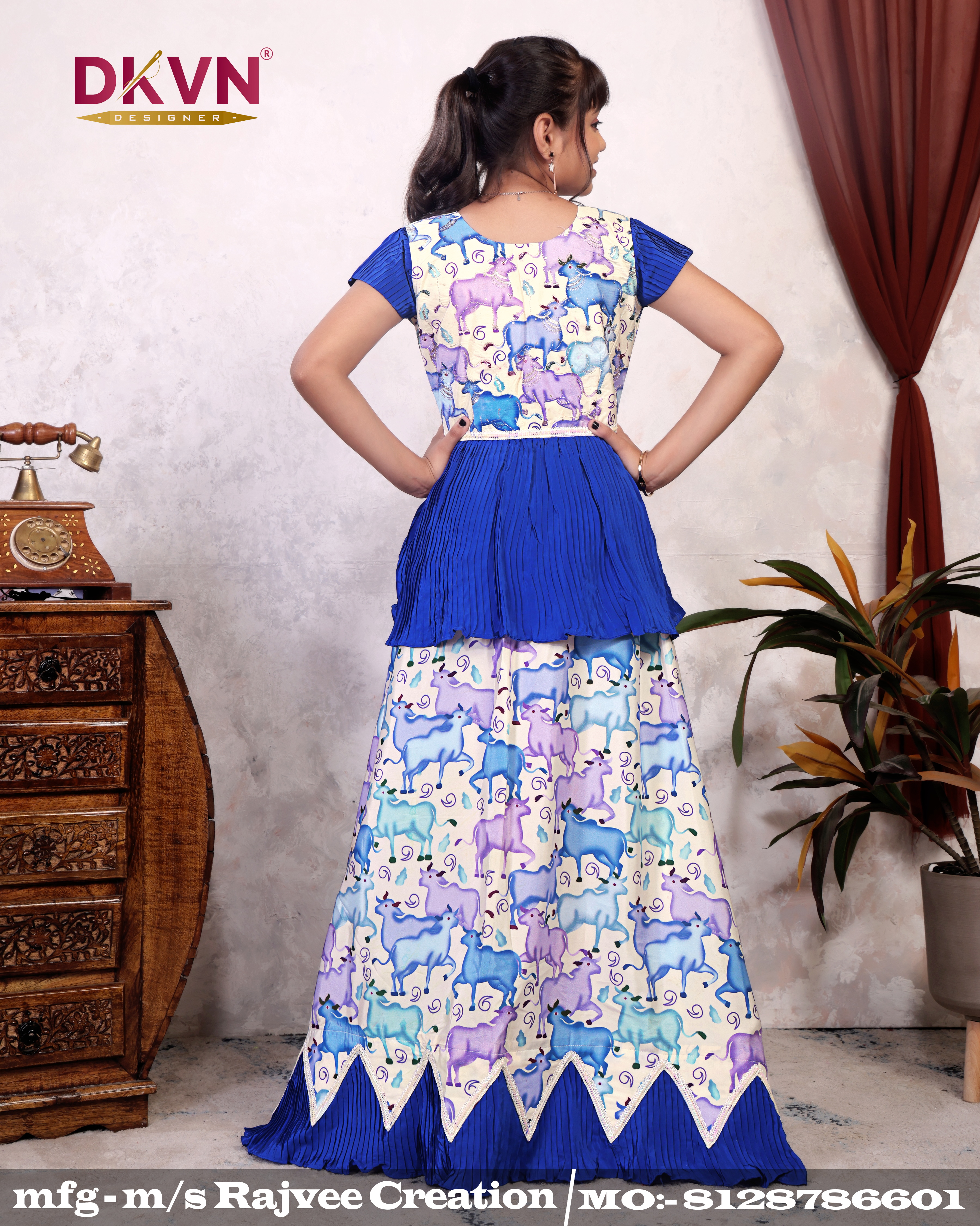 Royal Blue COW Print Lehenga - Image 4